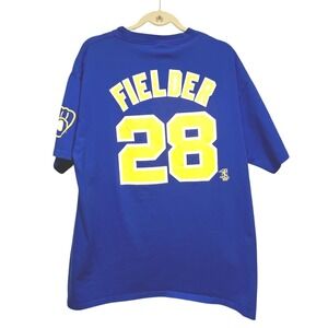 VTG Prince Fielder Milwaukee Brewers Majestic T-Shirt Men's XL #28 Blue